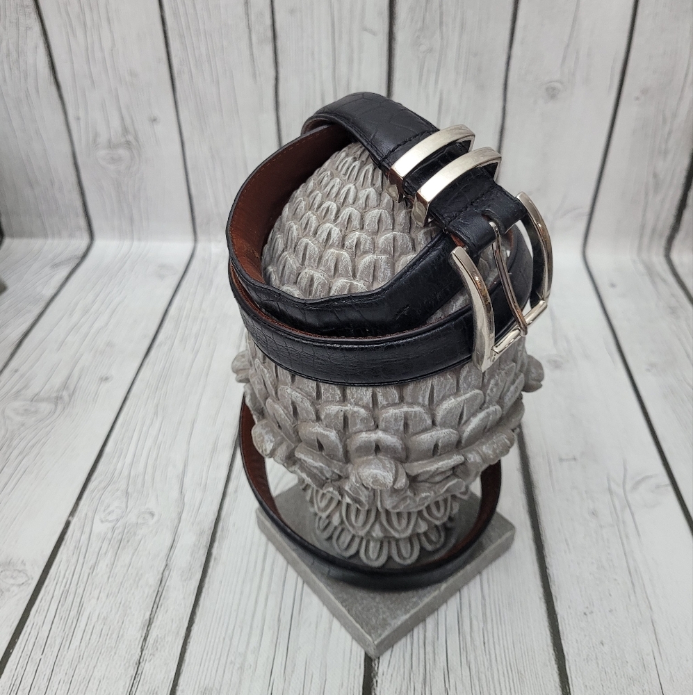 Daniel Cremieux Black and Brown Leather Belt with Silver Accent Buckle